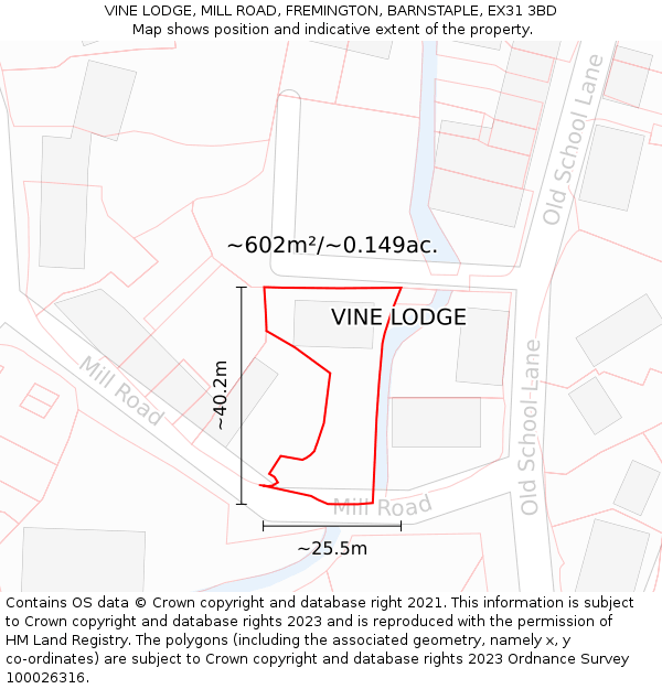 VINE LODGE, MILL ROAD, FREMINGTON, BARNSTAPLE, EX31 3BD: Plot and title map