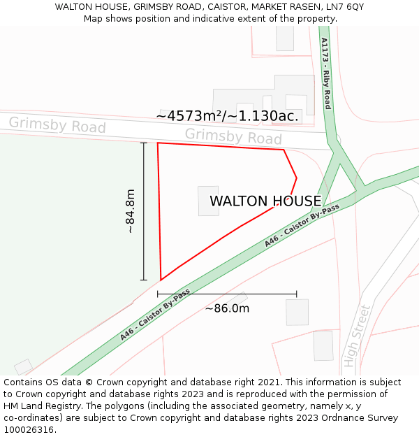 WALTON HOUSE, GRIMSBY ROAD, CAISTOR, MARKET RASEN, LN7 6QY: Plot and title map