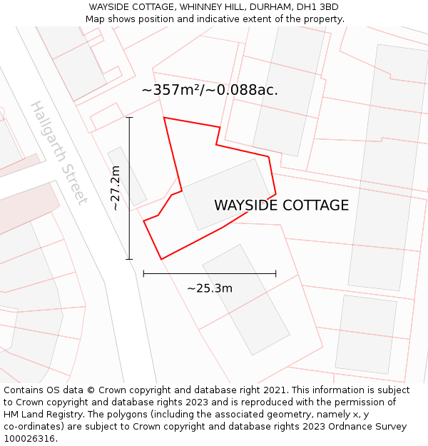 WAYSIDE COTTAGE, WHINNEY HILL, DURHAM, DH1 3BD: Plot and title map