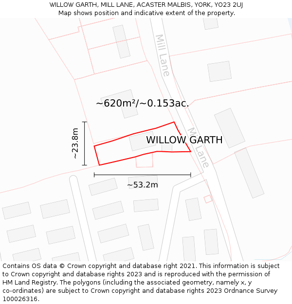 WILLOW GARTH, MILL LANE, ACASTER MALBIS, YORK, YO23 2UJ: Plot and title map