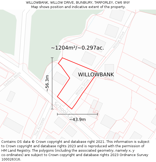 WILLOWBANK, WILLOW DRIVE, BUNBURY, TARPORLEY, CW6 9NY: Plot and title map