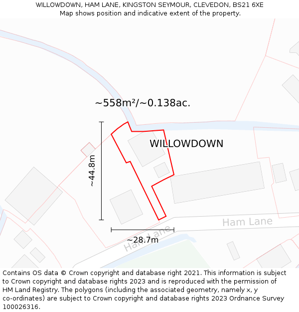 WILLOWDOWN, HAM LANE, KINGSTON SEYMOUR, CLEVEDON, BS21 6XE: Plot and title map