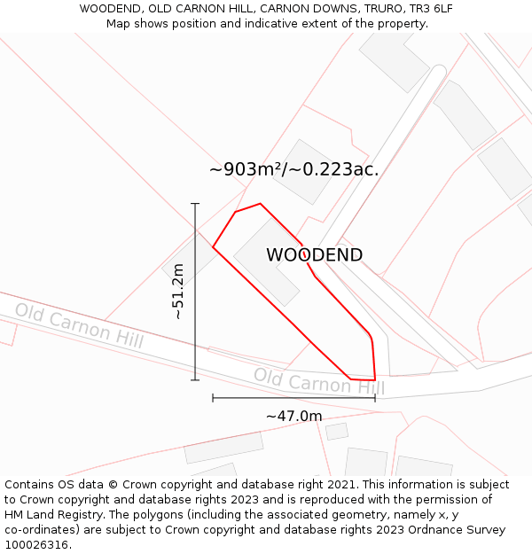 WOODEND, OLD CARNON HILL, CARNON DOWNS, TRURO, TR3 6LF: Plot and title map