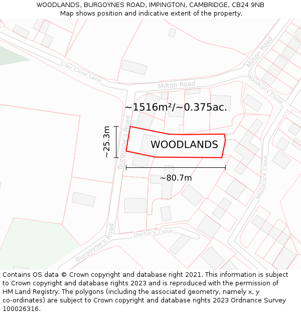 WOODLANDS, BURGOYNES ROAD, IMPINGTON, CAMBRIDGE, CB24 9NB: Plot and title map