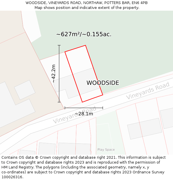 WOODSIDE, VINEYARDS ROAD, NORTHAW, POTTERS BAR, EN6 4PB: Plot and title map