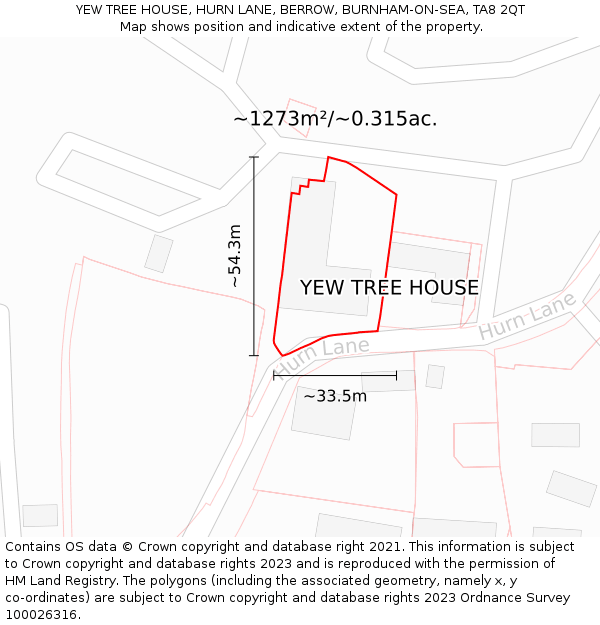 YEW TREE HOUSE, HURN LANE, BERROW, BURNHAM-ON-SEA, TA8 2QT: Plot and title map