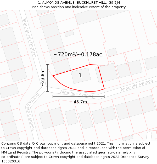 1, ALMONDS AVENUE, BUCKHURST HILL, IG9 5JN: Plot and title map