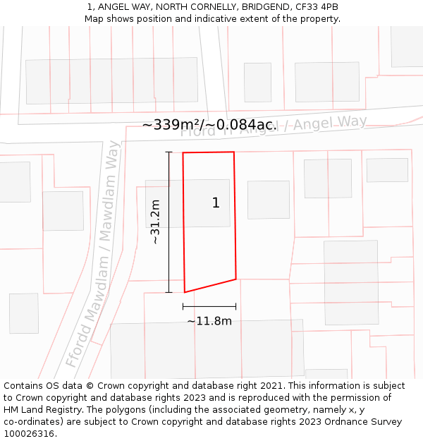 1, ANGEL WAY, NORTH CORNELLY, BRIDGEND, CF33 4PB: Plot and title map