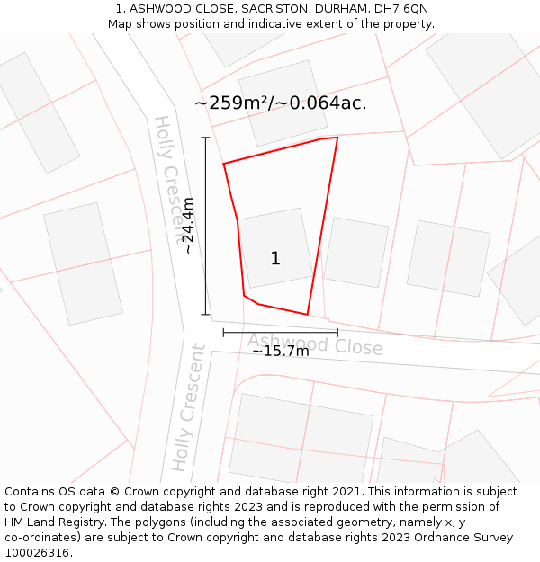 1, ASHWOOD CLOSE, SACRISTON, DURHAM, DH7 6QN: Plot and title map