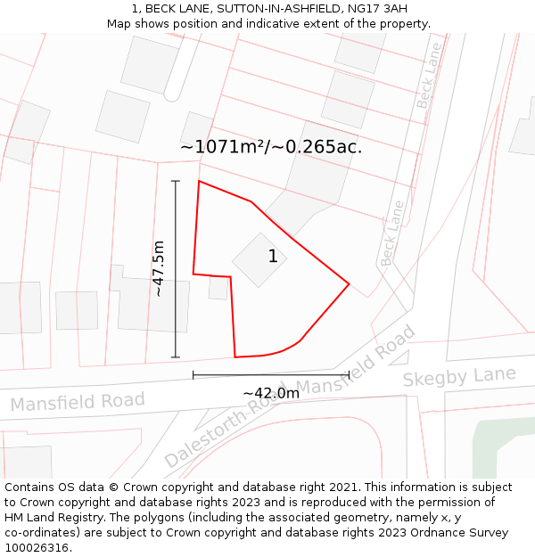 1, BECK LANE, SUTTON-IN-ASHFIELD, NG17 3AH: Plot and title map