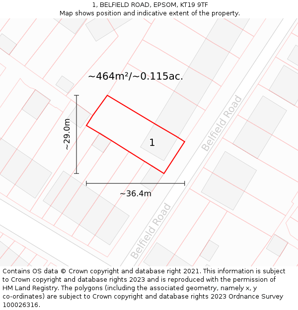 1, BELFIELD ROAD, EPSOM, KT19 9TF: Plot and title map