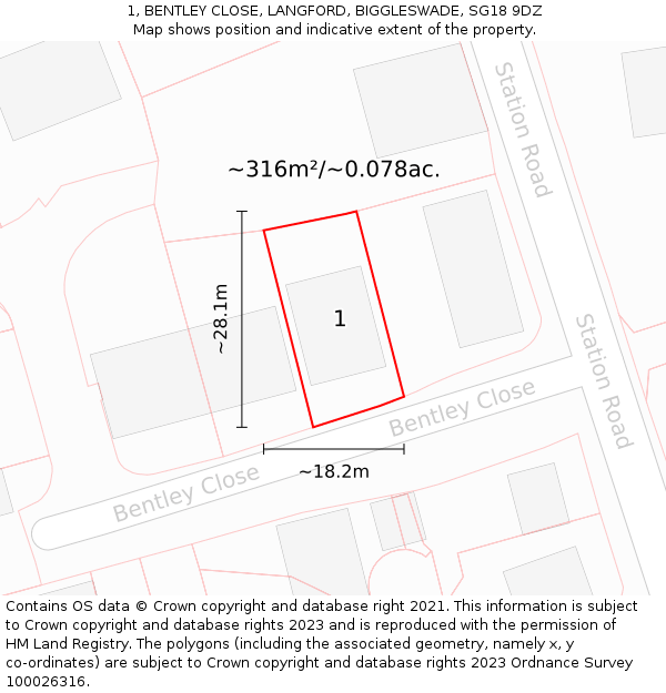 1, BENTLEY CLOSE, LANGFORD, BIGGLESWADE, SG18 9DZ: Plot and title map