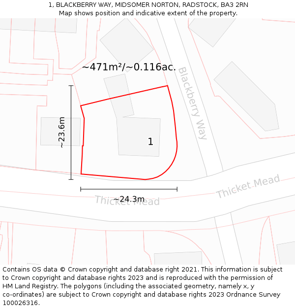 1, BLACKBERRY WAY, MIDSOMER NORTON, RADSTOCK, BA3 2RN: Plot and title map