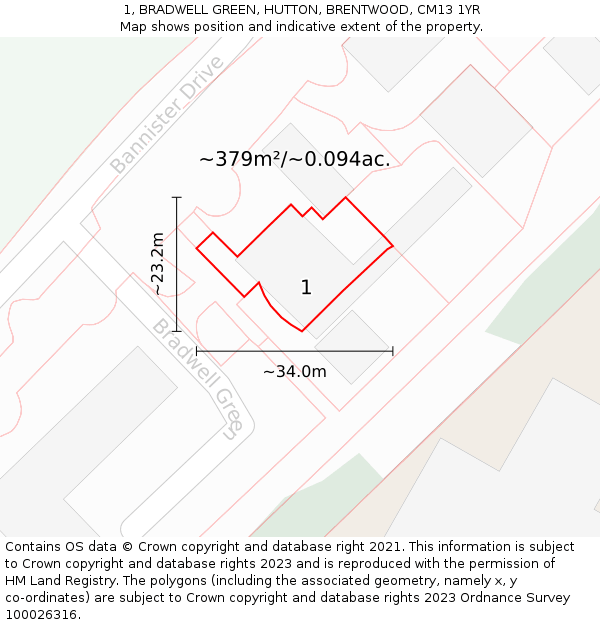 1, BRADWELL GREEN, HUTTON, BRENTWOOD, CM13 1YR: Plot and title map