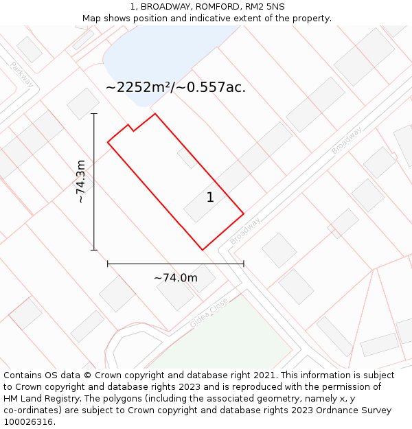 1, BROADWAY, ROMFORD, RM2 5NS: Plot and title map