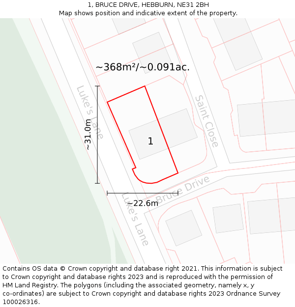 1, BRUCE DRIVE, HEBBURN, NE31 2BH: Plot and title map