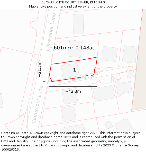 1, CHARLOTTE COURT, ESHER, KT10 9AG: Plot and title map