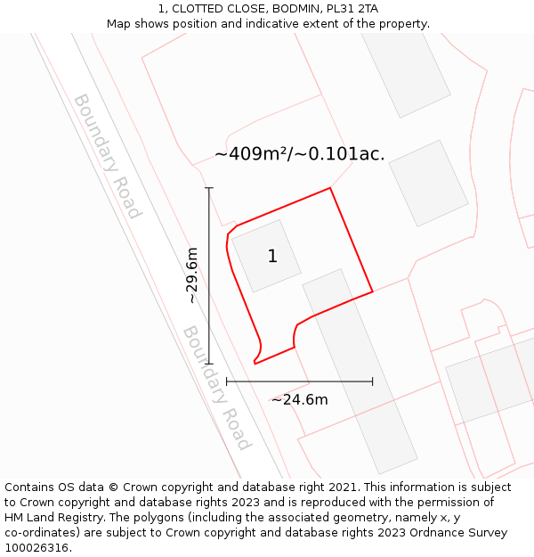 1, CLOTTED CLOSE, BODMIN, PL31 2TA: Plot and title map