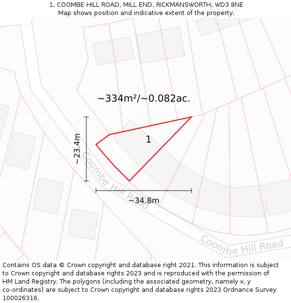 1, COOMBE HILL ROAD, MILL END, RICKMANSWORTH, WD3 8NE: Plot and title map