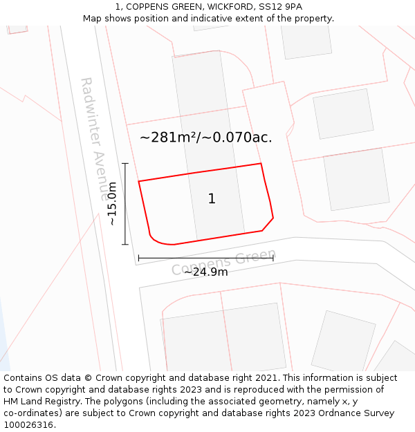 1, COPPENS GREEN, WICKFORD, SS12 9PA: Plot and title map