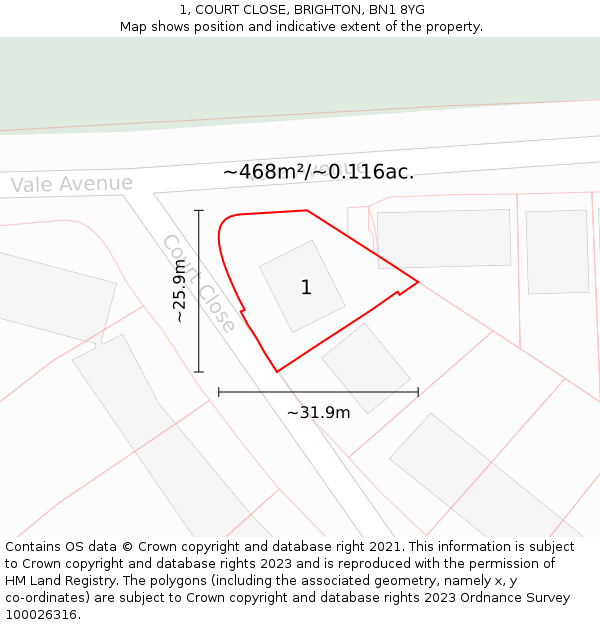 1, COURT CLOSE, BRIGHTON, BN1 8YG: Plot and title map