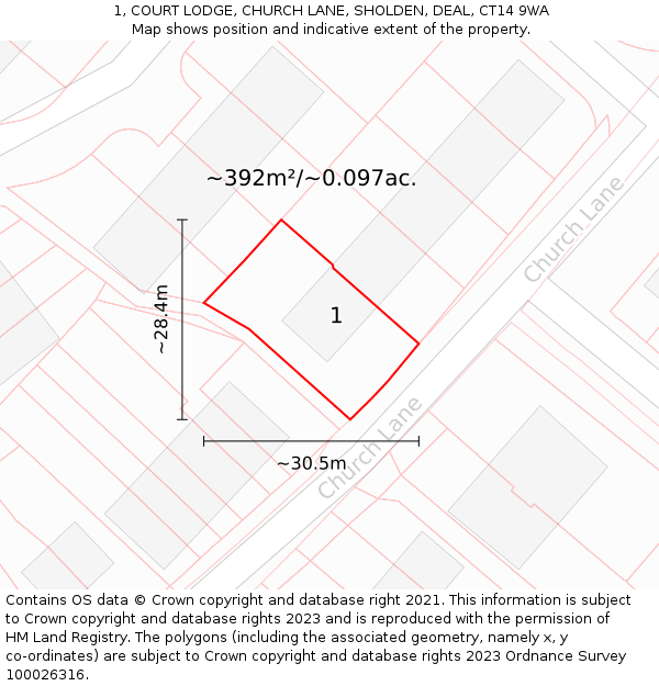 1, COURT LODGE, CHURCH LANE, SHOLDEN, DEAL, CT14 9WA: Plot and title map