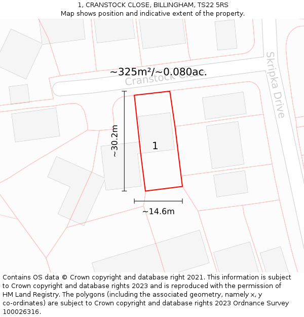 1, CRANSTOCK CLOSE, BILLINGHAM, TS22 5RS: Plot and title map