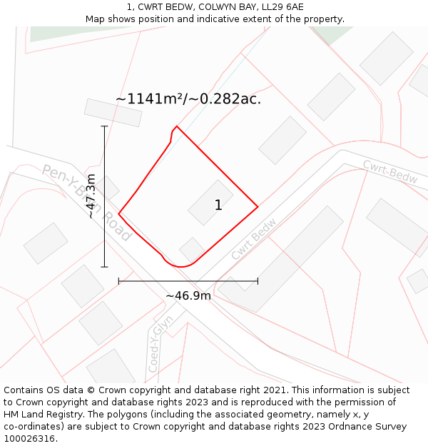 1, CWRT BEDW, COLWYN BAY, LL29 6AE: Plot and title map