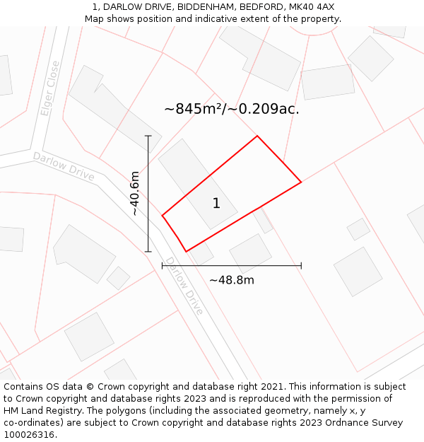 1, DARLOW DRIVE, BIDDENHAM, BEDFORD, MK40 4AX: Plot and title map