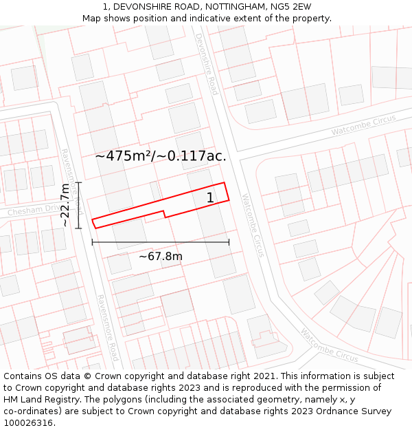 1, DEVONSHIRE ROAD, NOTTINGHAM, NG5 2EW: Plot and title map