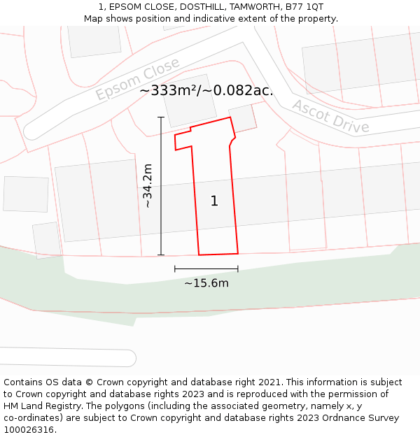 1, EPSOM CLOSE, DOSTHILL, TAMWORTH, B77 1QT: Plot and title map