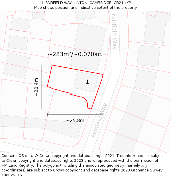 1, FAIRFIELD WAY, LINTON, CAMBRIDGE, CB21 4YP: Plot and title map