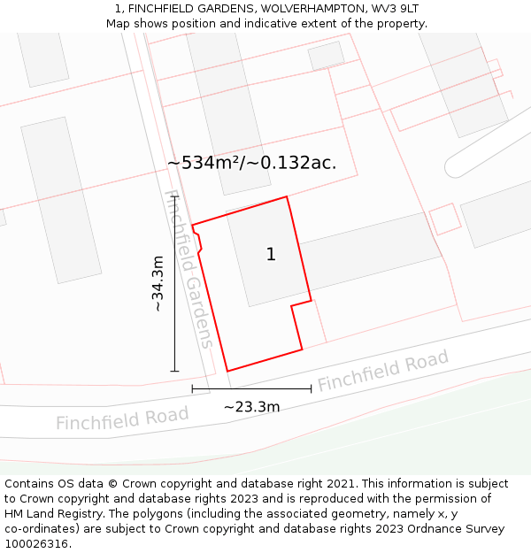 1, FINCHFIELD GARDENS, WOLVERHAMPTON, WV3 9LT: Plot and title map