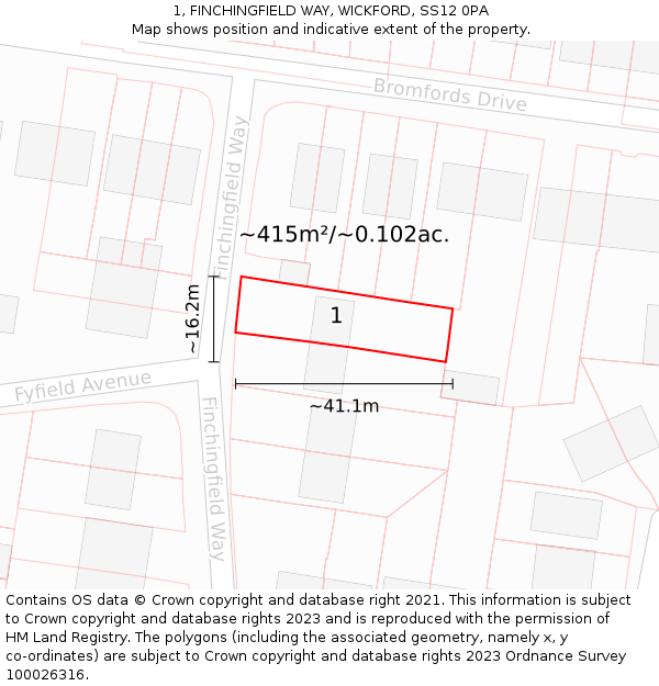 1, FINCHINGFIELD WAY, WICKFORD, SS12 0PA: Plot and title map