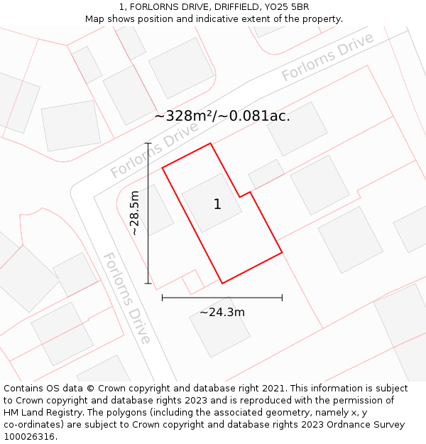 1, FORLORNS DRIVE, DRIFFIELD, YO25 5BR: Plot and title map