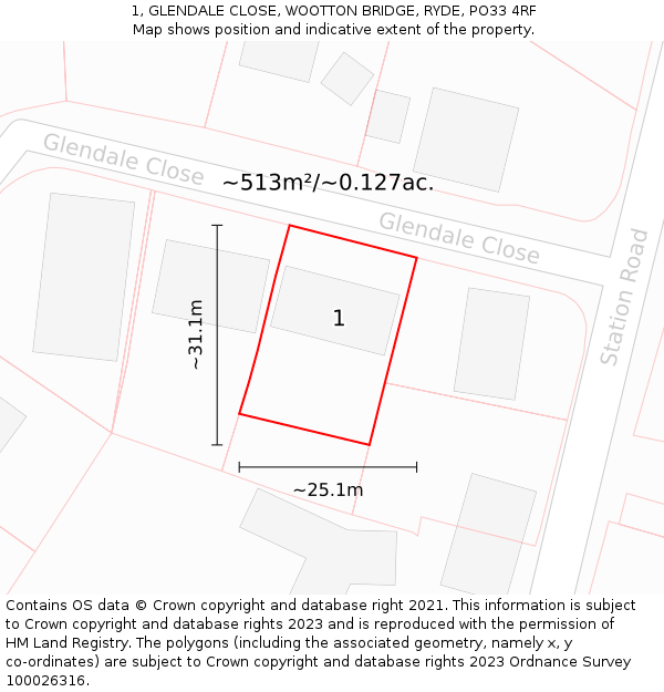 1, GLENDALE CLOSE, WOOTTON BRIDGE, RYDE, PO33 4RF: Plot and title map