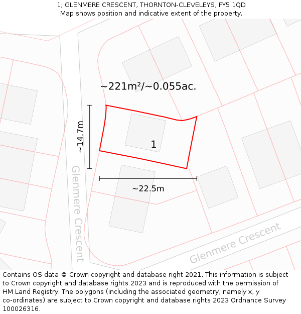 1, GLENMERE CRESCENT, THORNTON-CLEVELEYS, FY5 1QD: Plot and title map