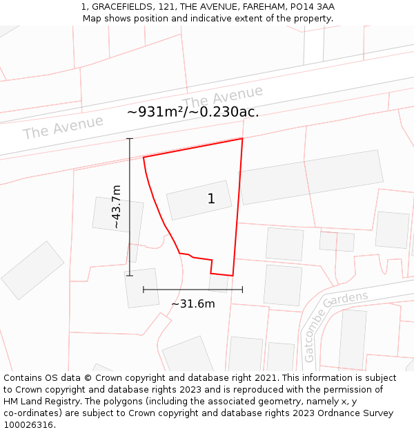 1, GRACEFIELDS, 121, THE AVENUE, FAREHAM, PO14 3AA: Plot and title map