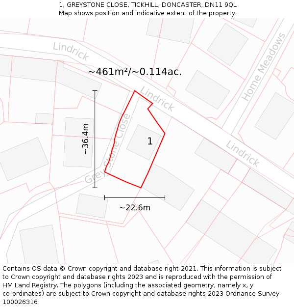 1, GREYSTONE CLOSE, TICKHILL, DONCASTER, DN11 9QL: Plot and title map