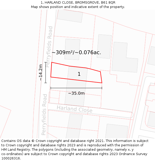 1, HARLAND CLOSE, BROMSGROVE, B61 8QR: Plot and title map