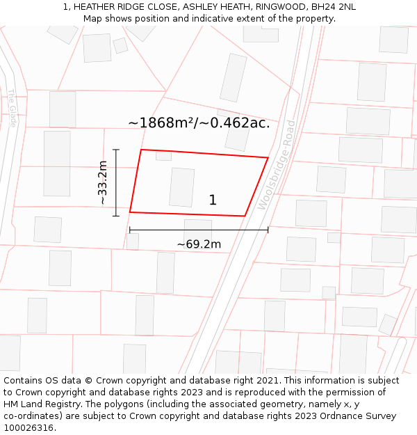 1, HEATHER RIDGE CLOSE, ASHLEY HEATH, RINGWOOD, BH24 2NL: Plot and title map