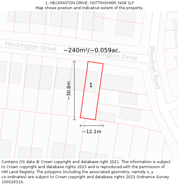 1, HECKINGTON DRIVE, NOTTINGHAM, NG8 1LF: Plot and title map