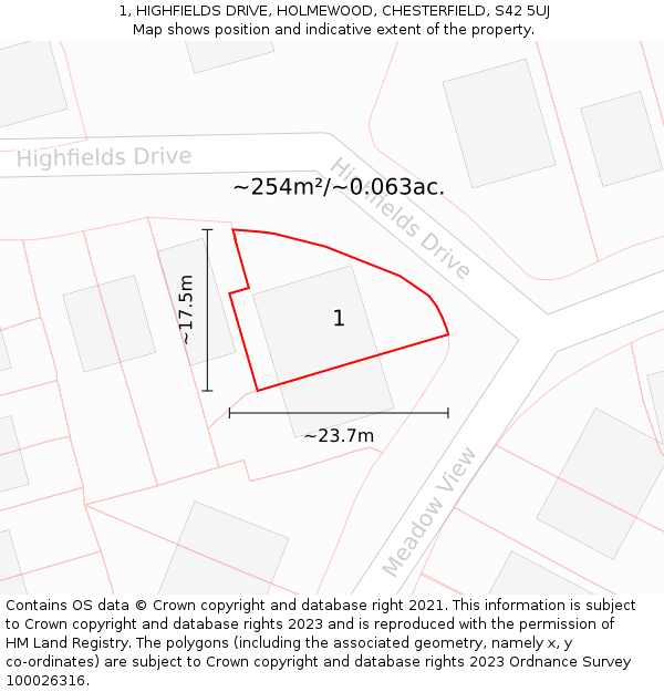 1, HIGHFIELDS DRIVE, HOLMEWOOD, CHESTERFIELD, S42 5UJ: Plot and title map