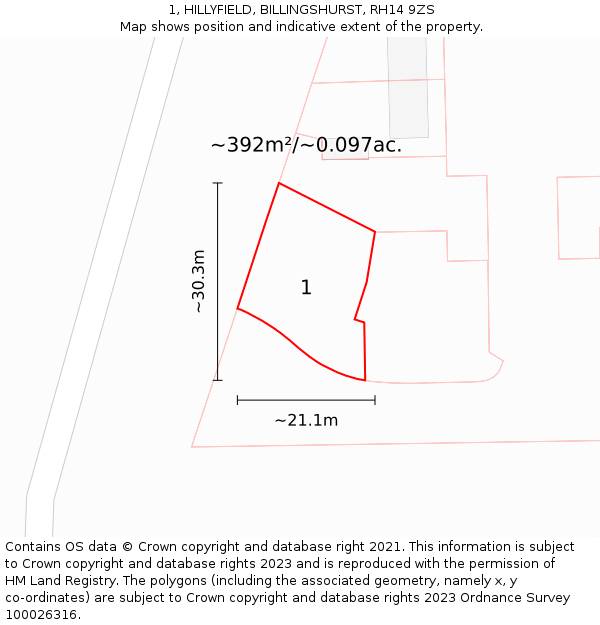 1, HILLYFIELD, BILLINGSHURST, RH14 9ZS: Plot and title map