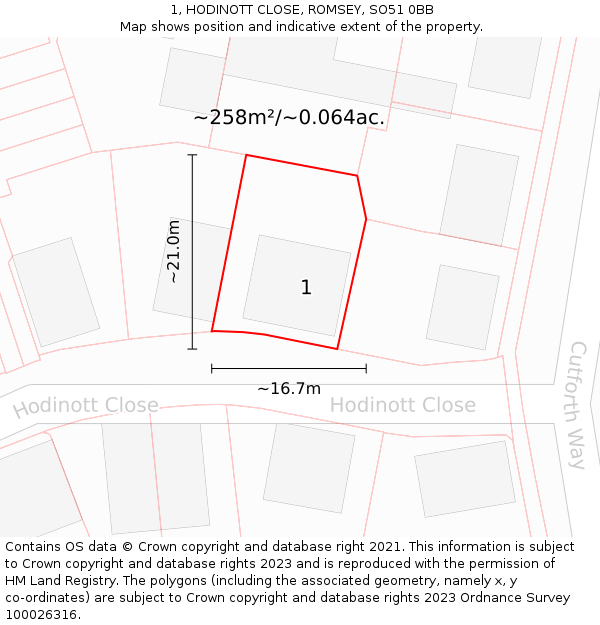 1, HODINOTT CLOSE, ROMSEY, SO51 0BB: Plot and title map