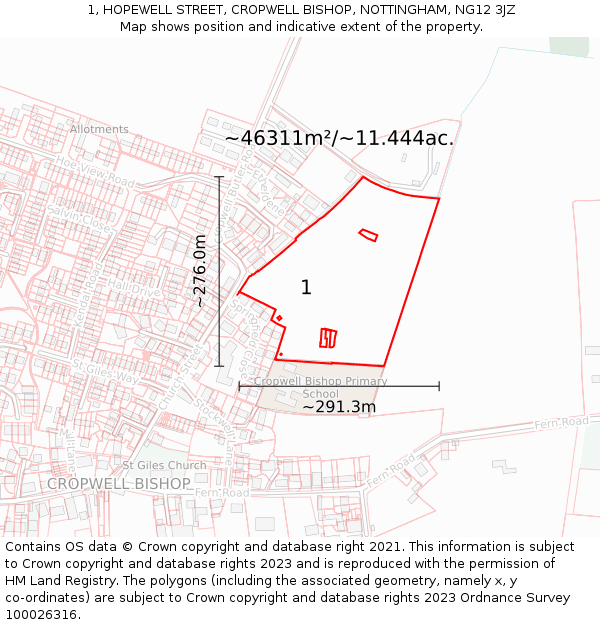 1, HOPEWELL STREET, CROPWELL BISHOP, NOTTINGHAM, NG12 3JZ: Plot and title map