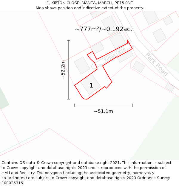 1, KIRTON CLOSE, MANEA, MARCH, PE15 0NE: Plot and title map