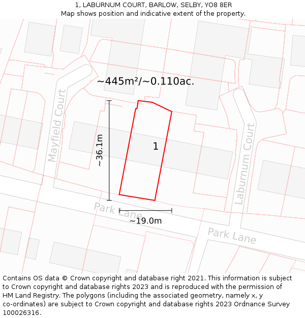 1, LABURNUM COURT, BARLOW, SELBY, YO8 8ER: Plot and title map