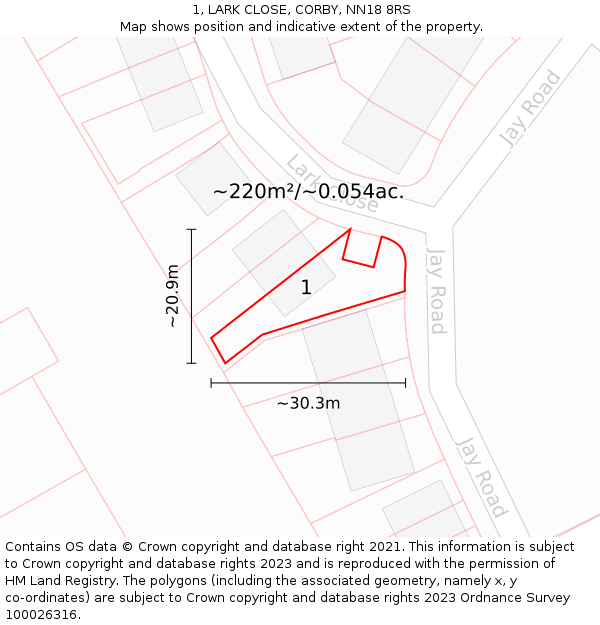 1, LARK CLOSE, CORBY, NN18 8RS: Plot and title map