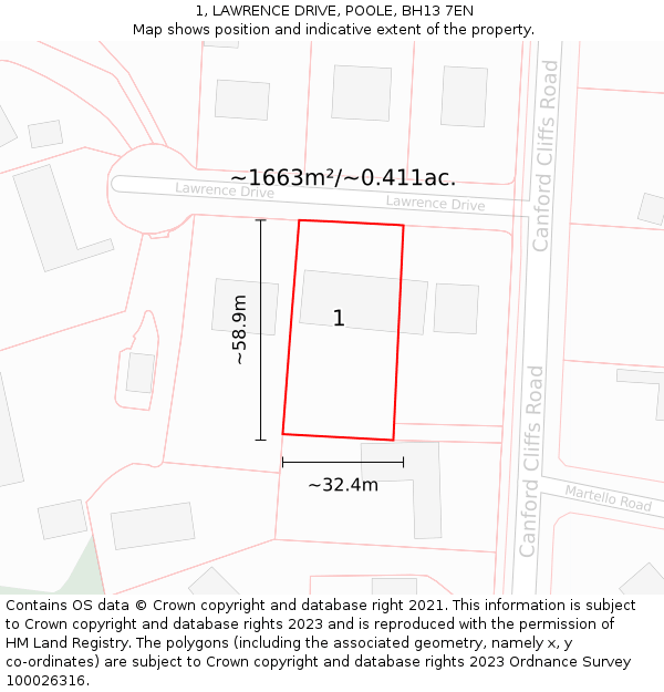 1, LAWRENCE DRIVE, POOLE, BH13 7EN: Plot and title map